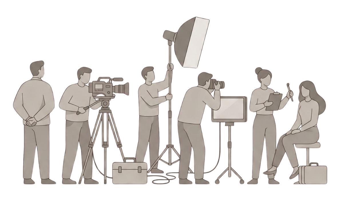 A full traditional production crew on set: director, camera operators, lighting, and talent
